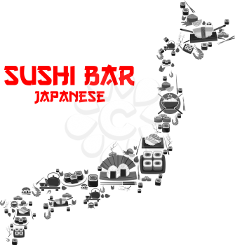 Sushi bar Japanese restaurant or Asian seafood cuisine poster in Japan map shape. Sashimi and sushi roll of salmon fish, bento tempura shrimp in rice and ramen noodles soup or chopsticks vector design