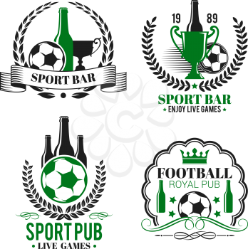 Soccer sport bar or football beer pub icons or badges. Vector isolated beer bottle and soccer ball, victory cup or laurel wreath and crown with stars and ribbon for football championship bar fan club