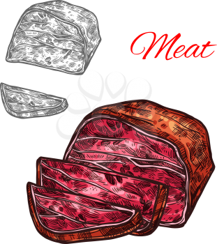 Fresh meat sketch icon of beef brisket steak or pork bacon lump and sliced filet. Vector smoked hamon sausage or tenderloin beefsteak for butcher shop gourmet or farm meaty products market