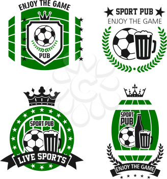 Soccer sport beer bar icons for live football championship tournament. Vector isolated set of soccer ball and victory cup on laurel wreath and stars and beer bottles of pub glass with champion crown