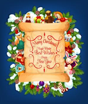 Merry Christmas and Happy New Year best wishes lettering on old paper scroll with winter holiday ornaments on blue background. Vector greeting card design of fir tree wreath for season celebration