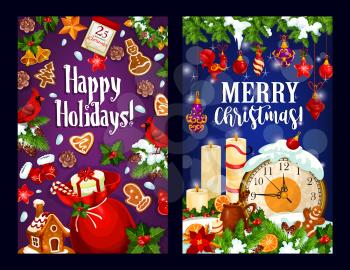 Christmas greeting card set with Santa gift bag and New Year midnight clock. Xmas tree and holly berry garland with bell, star and ball, candy, cookie, candle and calendar for festive banner design