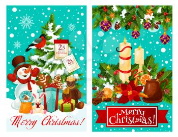 Merry Christmas greeting card with New Year gift and snowman. Xmas tree with snowflake, present and ball, holly berry garland with candle, star, cookie and poinsettia festive poster with ribbon banner