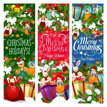 Christmas holiday gift festive banner with New Year garland. Santa bag with present box, toy and snow globe, Xmas tree and holly berry branch with candy, star and snowflake for greeting card design