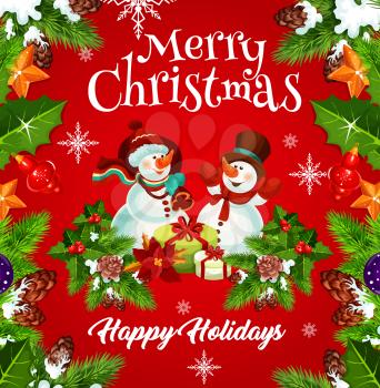 Snowman with Christmas gift greeting card for New Year holidays celebration. Snowman with Santa present and Xmas wreath festive poster, edged with holly and pine tree branch, snowflake, star and ball
