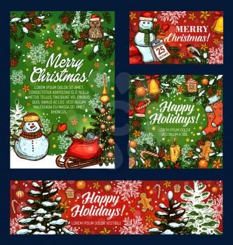 Merry Christmas wish greeting card sketch for winter happy holidays celebration. Vector Santa gifts and snowman under Christmas tree in snow, golden bell decoration, ginger cookie and wreath garland