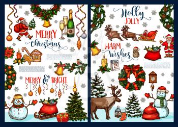 Merry Christmas greeting card sketch design of Xmas wishes for happy winter holidays celebration. Vector Christmas tree wreath, golden bell decoration, snowman and deer for New Year Santa presents