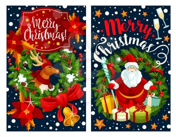 Santa and reindeer greeting card with Christmas wreath and New Year gifts. Holly berry and Xmas tree frame with present, bell and ribbon, star, snowflake and poinsettia for winter holidays design