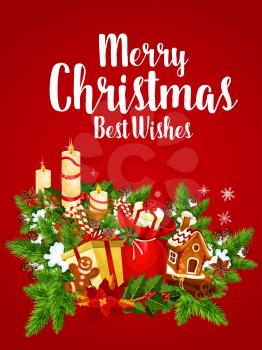 Merry Christmas greeting banner of New Year garland with gifts. Xmas tree and holly berry with Santa bag, present and candle, snowflake, candy, ribbon, cookie and poinsettia for winter holidays design