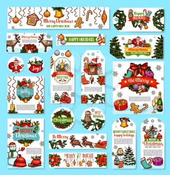 Merry Christmas wishes of happy holidays winter season greeting cards and banners design. Vector Christmas tree decorations, snowman and Santa reindeer, present gifts ribbon and New Year golden bells