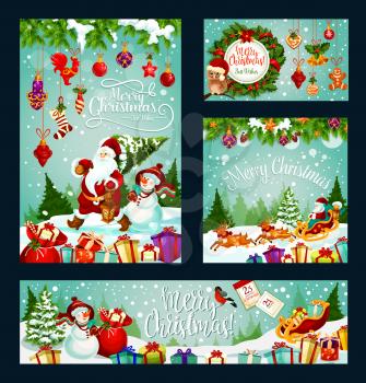 Christmas winter holiday greeting banner. Santa Claus, snowman and Xmas gift, holly and pine tree wreath with ribbon, bell and snowflake, New Year garland, ball and sock, reindeer sleigh and calendar