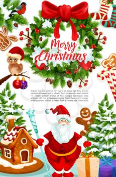 Christmas winter holiday greeting card. Santa Claus with gift and Xmas tree festive poster, decorated by New Year wreath, candy and cookie, ball, sock, gingerbread house and ribbon bow