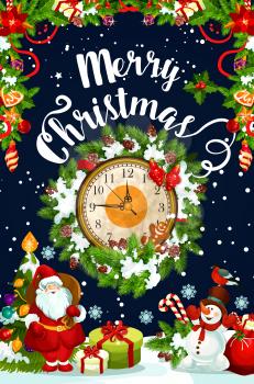 Christmas wreath with New Year gift and midnight clock greeting card. Santa, snowman, Xmas tree and present banner with frame of winter holiday garland, ball, snowflake and candy, cookie and ribbon