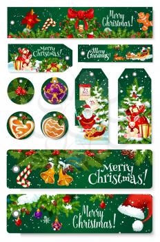 Merry Christmas greeting banners , cards and fit tags design for seasonal winter holiday wishes. Vector Santa gifts on sleigh, New Year decoration garland of golden bell and star on Christmas tree