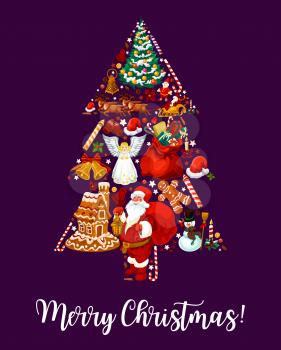 Merry Christmas greeting card of Xmas tree in New Year decoration ornaments. Vector symbols of Santa with gift bag, gingerbread cookie house, angel or snowman and bell decoration on purple background