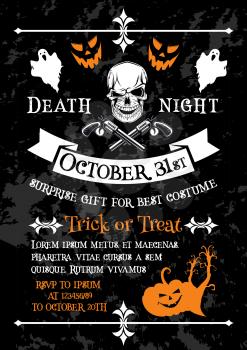 Halloween holiday poster of horror death party invitation template. Spooky skeleton skull banner, decorated with Halloween pumpkin lantern and ghost, gun and ribbon banner for autumn holiday design