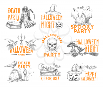 Halloween holiday horror or death party icons for trick or treat card. Vector isolated symbols of Halloween pumpkin lantern, death and scythe or skeleton skull and witch on broom or tomb on graveyard