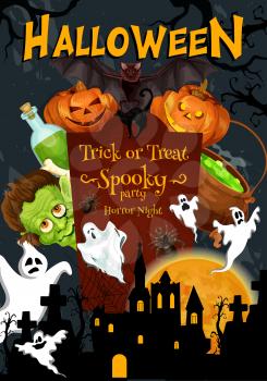 Halloween trick or treat night and party pumpkin Jack lantern poster for horror celebration. Vector Halloween pumpkin on tombstone, monster zombie and skeleton skull on grave and happy spooky ghost