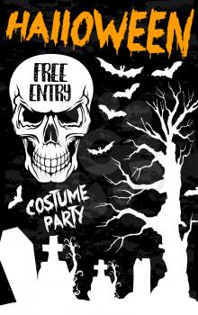 Halloween holiday banner with horror skull. Spooky skeleton with bat, graveyard, creepy tree and gravestone white silhouette for Halloween night party poster or invitation flyer design
