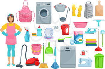 Homework flat icons for house washing, cleaning and needlework. Vector set of woman with vacuum cleaner, dishwasher machine, kitchenware grater, saucepan or sponge, mopping brush and soap detergent