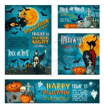 Halloween banner set of autumn holiday and horror party poster template. Halloween pumpkin and ghost, bat and witch, spooky skeleton on cemetery, haunted house and black cat for greeting card design