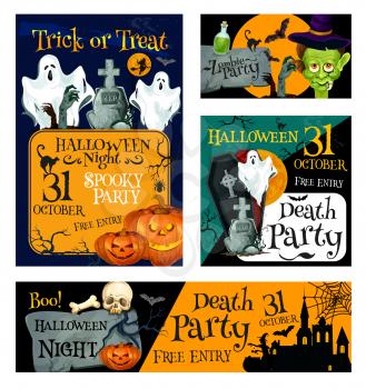 Halloween night zombie party banner template. Halloween holiday pumpkin lantern, bat and ghost, witch and black cat, creepy skeleton skull, house and cemetery, coffin and moon for invitation design