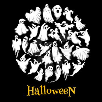 Halloween ghost or holiday spirit round poster. Scary ghost, spooky night monster, funny poltergeist and flying phantom banner for Halloween holiday party decoration or greeting card design