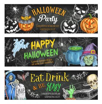 Halloween holiday horror or death party sketch banners for trick or treat night. Vector Halloween pumpkin lantern, death and scythe or skeleton skull and witch potion cauldron or tomb on graveyard