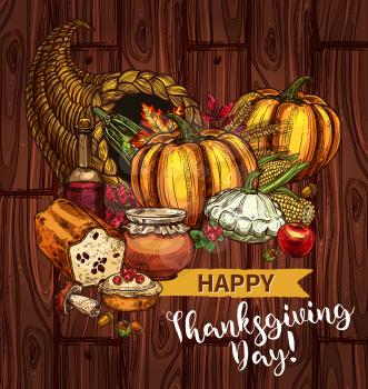 Happy Thanksgiving Day greeting posters and banners of roasted turkey and pie or bread, pumpkin or corn and fruit harvest. Thanksgiving holiday vector sketch pilgrim hat, maple and oak leaf