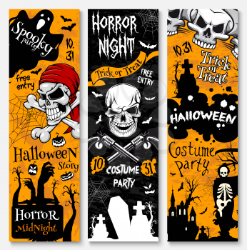 Halloween holiday horror banner of pirate costume party. Spooky ghost, skull with crossbones, Halloween pumpkin and bat, spider, skeleton with death scythe on graveyard and haunted house poster design