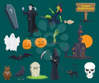 Halloween icons set of pumpkin, monsters and witch or zombie and vampire for trick or treat greeting card design. Vector symbols of skeleton skull, tombstone on graveyard or black bat and coffin