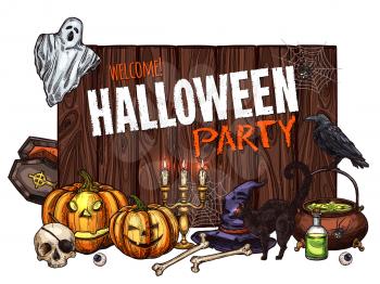Halloween monsters party poster for trick or treat holiday night celebration. Vector pumpkin lantern, zombie skeleton skull, witch cauldron and black cat, tombstone grave and spooky Halloween ghost
