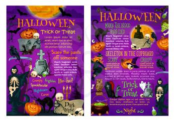Halloween trick or treat poster for october holiday template. Pumpkin lantern, ghost, bat and spider, spooky skeleton skull, witch and cemetery grave, zombie, cat and tomb for invitation banner design