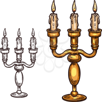 Halloween candle in candlestick sketch icon. Vector burning flame three candles in old retro brass candelabrum. Isolated symbol of Halloween horror holiday party and trick or treat holiday celebration