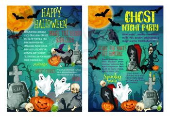 Halloween spooky ghost party invitation posters design of scary orange pumpkin lanterns. Vector trick or treat horror holiday coffin on grave, witch or zombie tombstone and black cat, moon and skull
