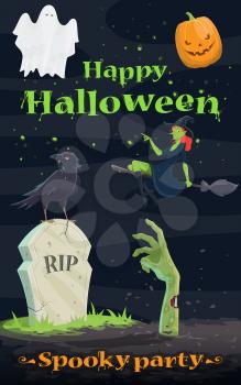 Halloween pumpkin and ghost greeting banner. Spooky Halloween lantern, flying ghost and witch, cemetery grave with zombie hand and RIP gravestone for october holiday night party invitation design