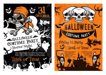 Halloween pumpkin, pirate skull and spooky skeleton for horror night party poster template. Creepy ghost and witch, haunted house and cemetery grave for Halloween banner and invitation flyer design