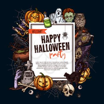 Halloween monsters party poster for trick or treat holiday night celebration. Vector sketch pumpkin lantern, zombie or skeleton skull in coffin, spooky Halloween ghost on graveyard tombstone