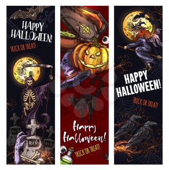 Halloween trick or treat holiday monsters sketch banners for spooky night celebration. Vector pumpkin lantern, zombie hand or skeleton skull in coffin and tombstone on grave and spooky Halloween ghost