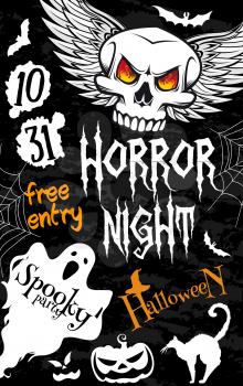 Halloween spooky ghost banner for horror night party template. Halloween skull with angel wings and pumpkin lantern in witch hat poster with bat, spider web and black cat for Halloween holiday design