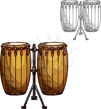 Drums musical instrument sketch icon. Vector isolated folk leather and wood drums or ethnic African djembe percussion for jazz or classic music concert design and orchestra festival