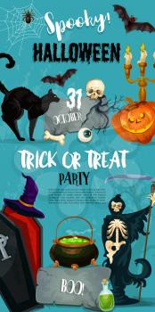 Halloween trick or treat party invitation poster of pumpkin lantern, witch in coffin and spooky death. Vector horror design of Halloween night zombie hand and tomb or potion cauldron on graveyard