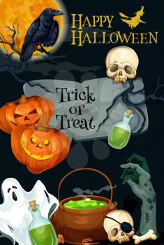 Happy Halloween trick or treat horror night poster of pumpkin lantern, witch cauldron and spooky ghost. Vector design of Halloween skull bone on tomb and zombie hand in grave