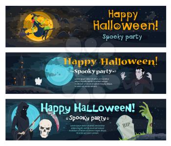 Halloween holiday spooky party invitation banner. Ghost haunted house, witch, bat and black cat, horror skull, skeleton with death scythe, zombie and vampire on cemetery for Halloween night design