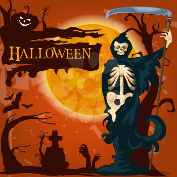 Halloween trick or treat holiday celebration poster of death skeleton with scythe on night cemetery. Vector Halloween zombie monster skull, pumpkin lantern or witch forest and tombstone on grave