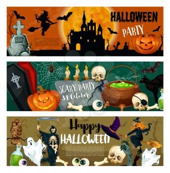 Halloween party banners of monsters and witch, pumpkin lantern and spooky ghost on graveyard. Vector Happy Halloween design of death, zombie hand and skull on tombstone and skeleton bones in cauldron