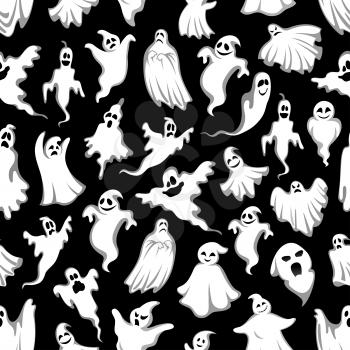 Spooky ghost Halloween holiday seamless pattern background. Horror night monster backdrop of flying phantom and poltergeist with scary skull for Halloween holiday greeting card or invitation design