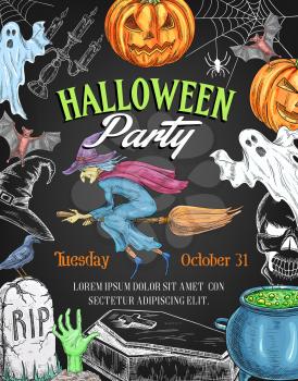Halloween party invitation poster of pumpkin lantern, witch on broom and spooky ghost. Vector sketch horror design of Halloween trick or treat night graveyard, zombie hand and tomb or potion cauldron