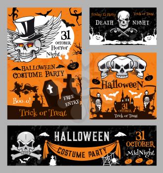 Halloween night greeting banners or horror holiday costume party posters. Vector skull on bones in graveyard cemetery, orange moon and Halloween pumpkin lantern, scary black cat and skeleton zombie