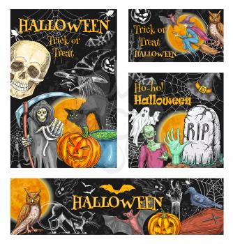 Halloween trick or treat holiday celebration monsters sketch posters of pumpkin lantern. Vector zombie hand or skeleton skull and death, coffin and tomb on grave, witch broom for Halloween party